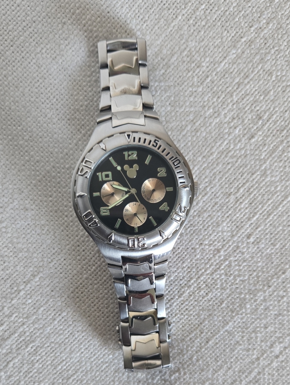 Disney Silver-Tone Men’s Watch with Black Dial and Gold Subdials